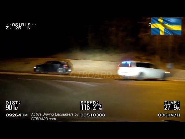 Volkswagen Polo GTI blacks out, tries to evade numerous Swedish police cars in slippery conditions.