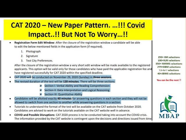 Proportionate Change in CAT 2020 Paper Pattern..!! Media Release CAT 2020