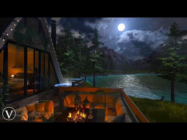 Lakeside Cabin | Night Ambience | Firepit, Water & Forest Nature Sounds