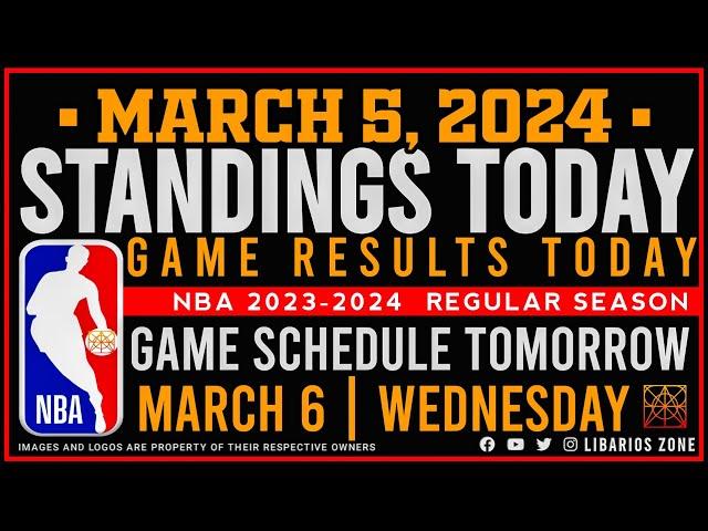 NBA STANDINGS TODAY as of MARCH 5, 2024 |  GAME RESULTS TODAY | GAMES TOMORROW | MAR. 6 | WEDNESDAY