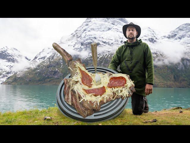 Tomahawk meat pizza baked in the wilderness | ASMR Outdoor Cooking