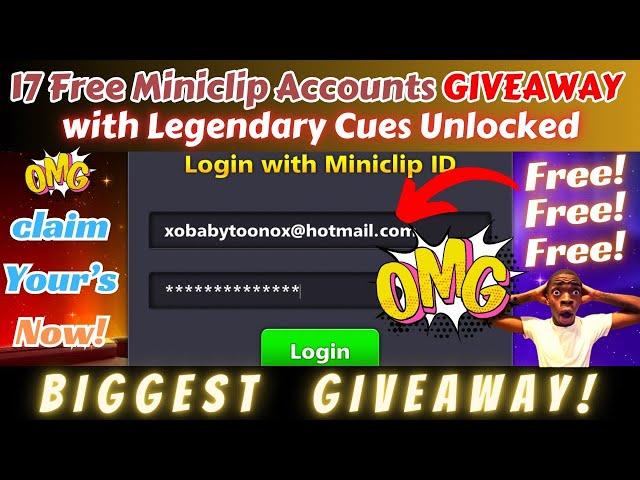 BIGGEST GIVEAWAY! Free 17 Miniclip Accounts Giveaway in 8 ball pool by enterGAMEnt 8BP YT #8ballpool