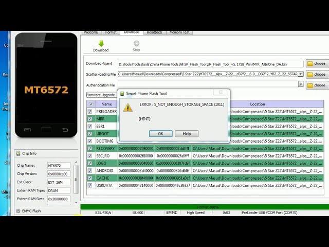 Eror ; S_NOT_ENOUGH_STORAGE_SPACE(1011) on sp flash tool salution