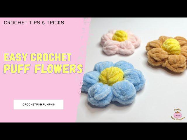 Crochet puff FLOWER - EASY tutorial - @Hobbiicom CHENILLE yarn #crochetflower