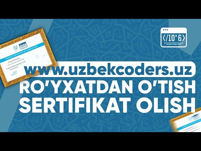 Bir million dasturchidan (uzbekcoders) ro'yxatdan o'tish va SERTIFIKAT olish