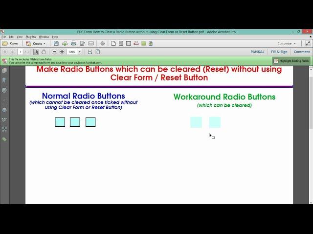 PDF Form  Clear a Radio Button Selection without using Clear or Reset Option|| Deselect Radio Button
