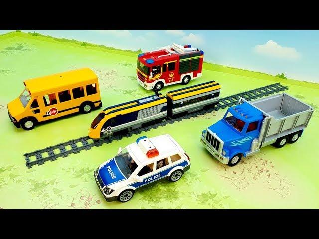 Fire Truck Train Dump Truck Police cars - video for children - fire truck train police toys