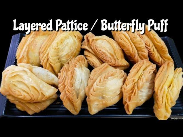 Layered Pattice / Butterfly Puffs / No Bake Easy Chicken Puff Pastry | Crispy & Flaky Fried Patties