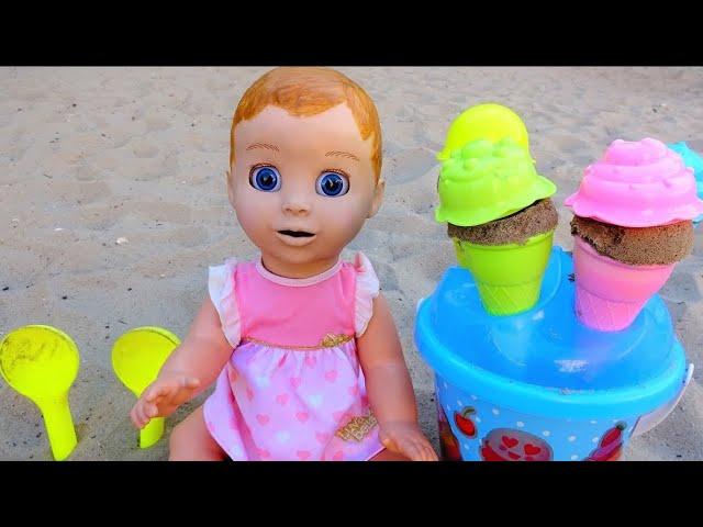 Baby doll playing with ice cream toys on the Playground. Video for kids - compilation.