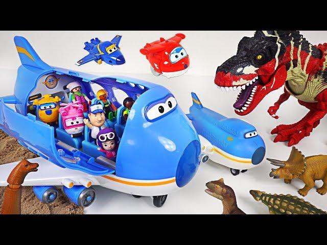 Super Wings Giant jumbo plane crashed on dinosaur island! Help! Transform robot suit! - DuDuPopTOY