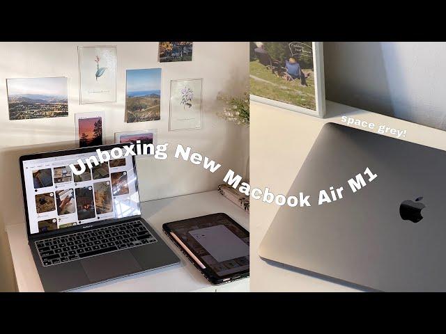 Unboxing New Macbook Air M1 in 2024 (space grey) - quick set up, accessories 