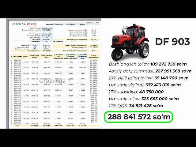 Subsidiya va lizing grafigini tushuntiramiz (DF-904 va DF 903 traktorlari misolida)