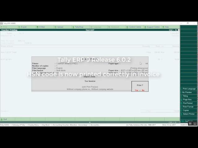 HSN code not printed in Tally Invoice