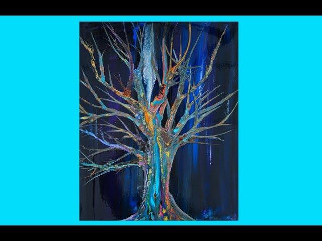 #4345 The Rainbow Tree -Night Sky Part One Fluid Acrylics -2.12.19