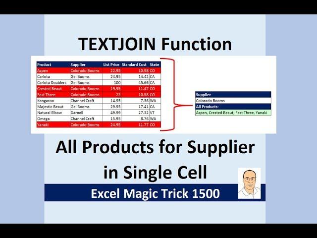 Excel Magic Trick 1500: Lookup All Products For Supplier & Join in Single Cell TEXTJOIN & IF