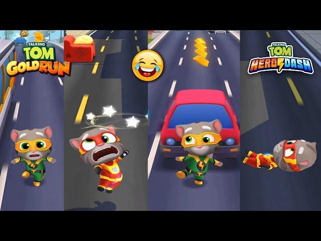 TALKING TOM GOLD RUN vs TALKING TOM HERO DASH - SUPER TOM vs HERO TOM FUNNY FALLS GAMEPLAY