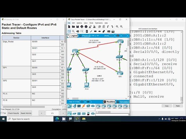 15.6.1 Packet Tracer - Configure IPv4 and IPv6 Static and Default Routes