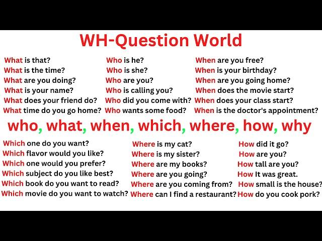 WH Questions in English | 500 Common Questions and Answers examples | What, How, Where, Which, When,