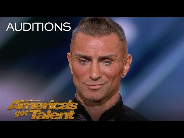 Aaron Crow: Pours Hot Wax On Eyes And Swings Sword At Howie Mandel - America's Got Talent 2018