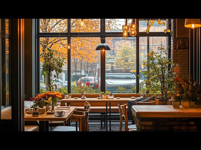 Autumn Vibes  Cozy Coffee Shop Ambience Falling Leaves & Soft Jazz | Perfect for Relaxing Workdays