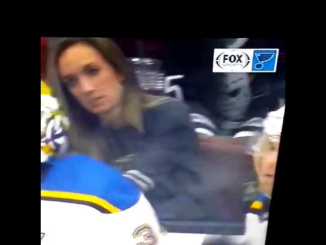 Anaheim fan does not appreciate the Blues celebrating in front of her.