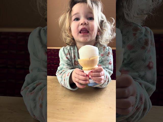 Emma eating ice cream, excited to meet a penguin #westedmontonmall #penguin #roadtrip #dairyqueen