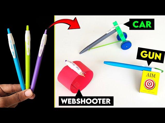 3 Amazing PEN toy , how to make pen spiderman launcher , homemade super gun , DIY pen car