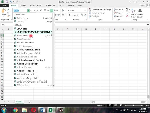 EXCEL proqramı, HOME menyusu, FONT və ALİGNMENT sektorları