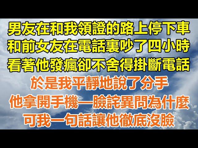 （完結爽文）男友在和我領證的路上停下車，和前女友在電話裏吵了四小時，看著他發瘋卻不舍得掛斷電話，於是我平靜地說了分手，他拿開手機—臉詫異問為什麼？可我一句話讓他徹底沒臉！#情感幸福#出軌#家產#白月光