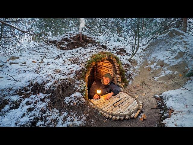 Building a Warm and Cozy Dugout for Survival. Log Shelter, Secret cave, Winter Bushcraft.