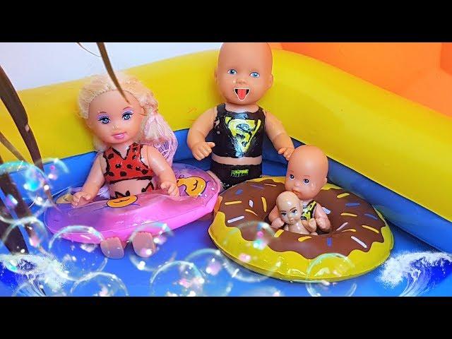 BABY'S FIRST SWIM IN THE POOL! KATYA and MAX a FUN FAMILY Cartoons with Barbie dolls LOL