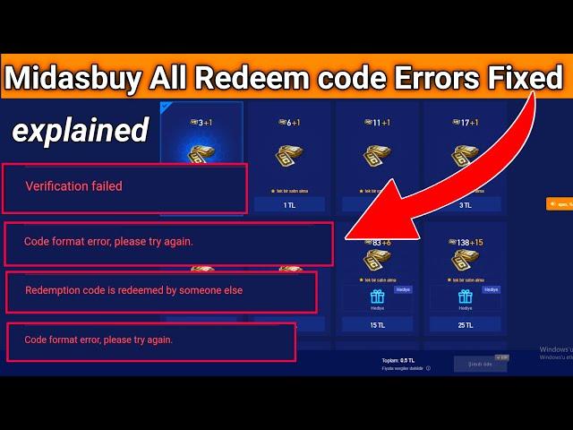 Midasbuy All Redeem code Errors Fixed & explained