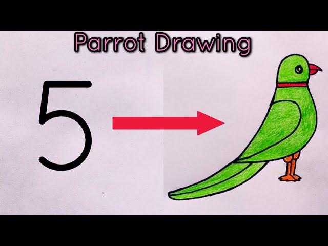 How to draw parrot drawing from number 5 | Parrot Drawing Easy | parrot drawing with Colour