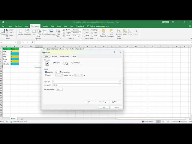 How to Print a Table without Color Filled in Cells in Excel