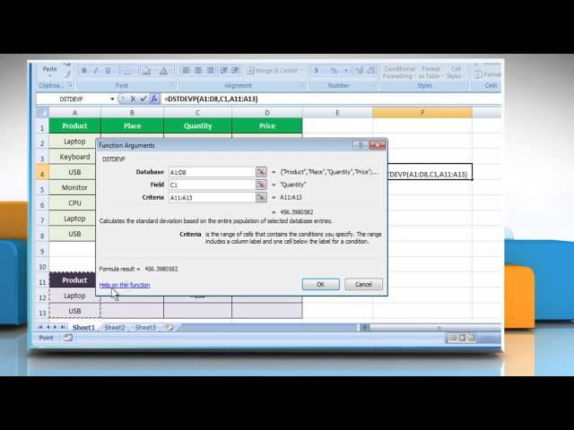 How to use DSTDEVP function in Excel :  Standard Deviation :Tutorial