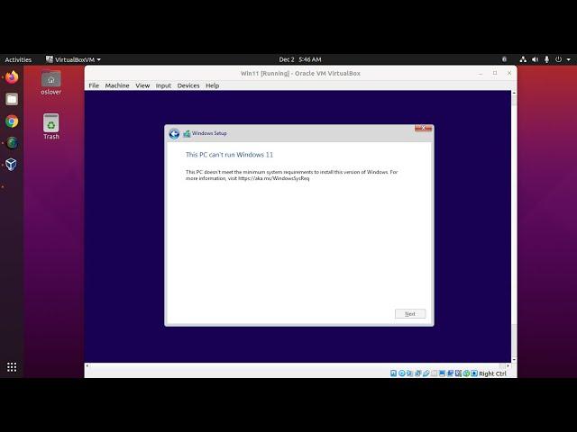 How to fix "This PC doesn't meet the minimum system requirement to install Windows 11" on Virtualbox