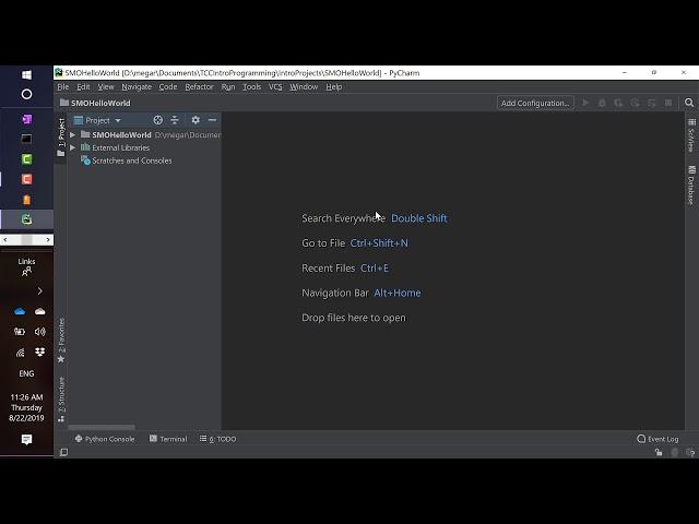 PyCharm Hello World for TCC Intro to Programming