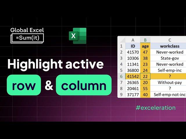 Highlight the active row and column in an Excel worksheet