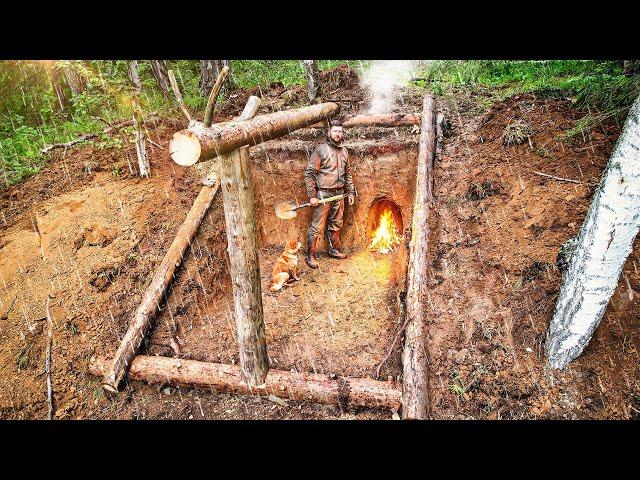 Dugout FROM SIX LOGS in the MOUNTAINS - PIT, FRAME, CLAY OVEN