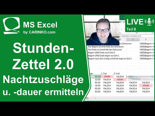 Indra Kohl Live - Excel-Projekt 'Stundenzettel 2.0' Teil 8 Nachtzuschläge und -dauer - carinko.com