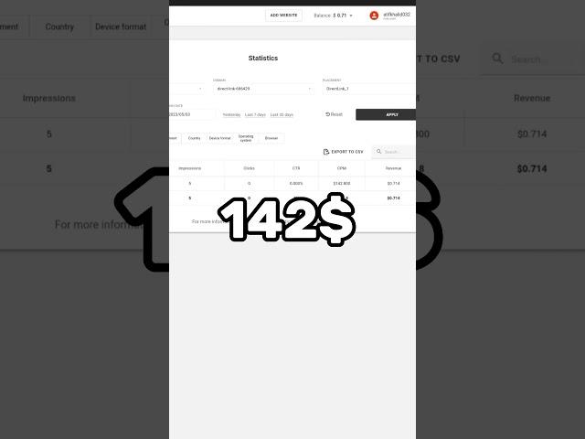 Adsterra high cpm 142$ proof #adsterra #short #adsterracpmtrick