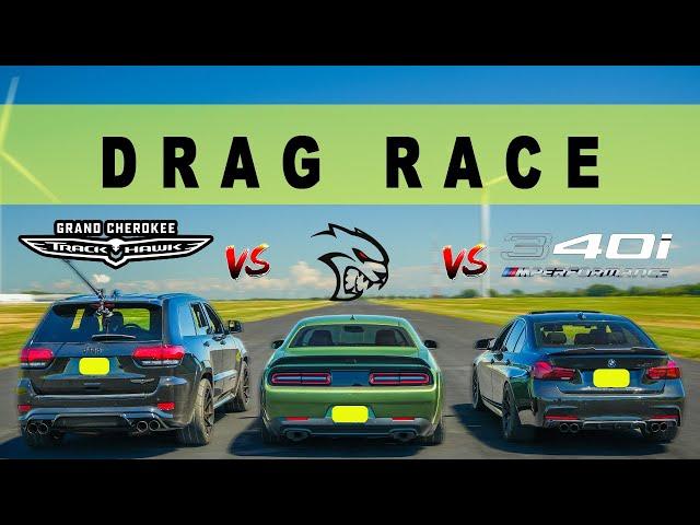 Vicious Trackhawk vs Tuned BMW 340i vs Dodge Challenger Hellcat, it gets nasty! Drag and Roll Race.