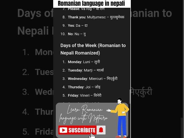 Romanian language basic greetings, days, month & number 1 to 20 in nepali