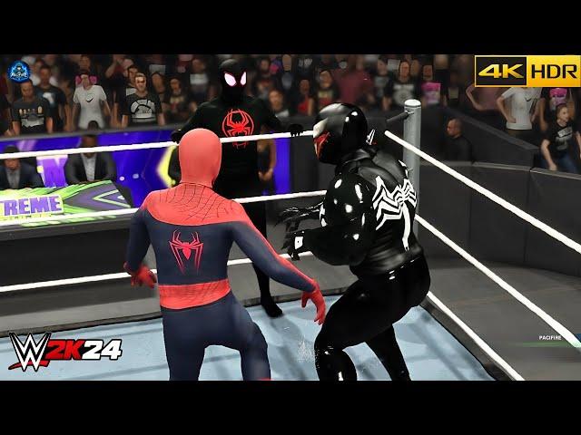 Venom Vs Spider-Man & Miles Morales | Handicap Match | WWE 2K24  [4K 60FPS]