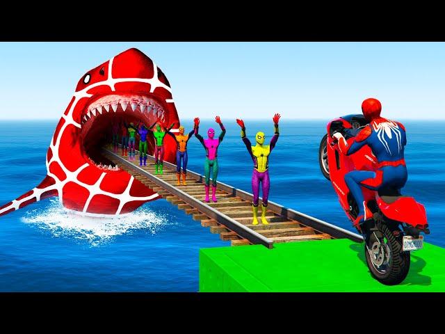 Superheroes against Big Spider Shark, Crazy Stunt Race Challenge by Motorcycle, Cars and Quad Bike