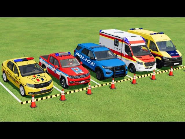 DACIA, VOLKSWAGEN, FORD POLICE CARS & MERCEDES AMBULANCE EMERGENCY CAR TRANSPORTING !  FS22