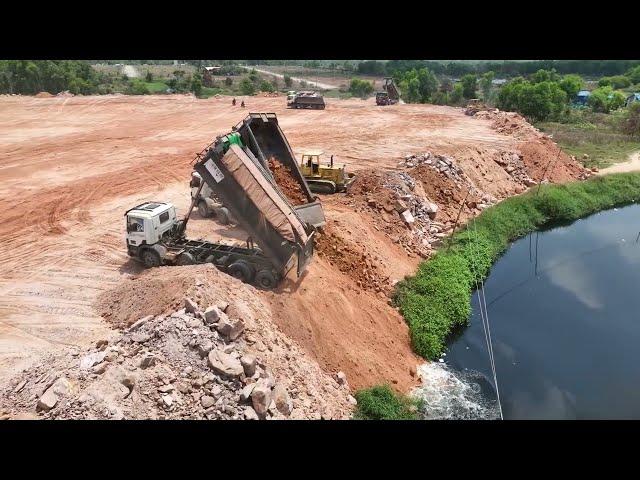 Incredibly Nice Project Landfill by Super KOMATSU bulldozer Pushing Stone & Truck 25.5Ton Unloading