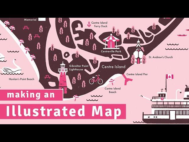 Toronto island map illustration process time lapse | making illustrated map in procreate, photoshop