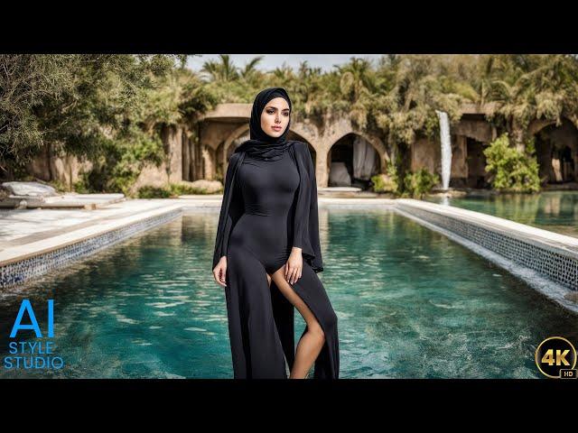 4K AI Art Lookbook Video of Arabian AI Girl ｜ Chic Hijab Swimwear, Iranian Fashion Forward