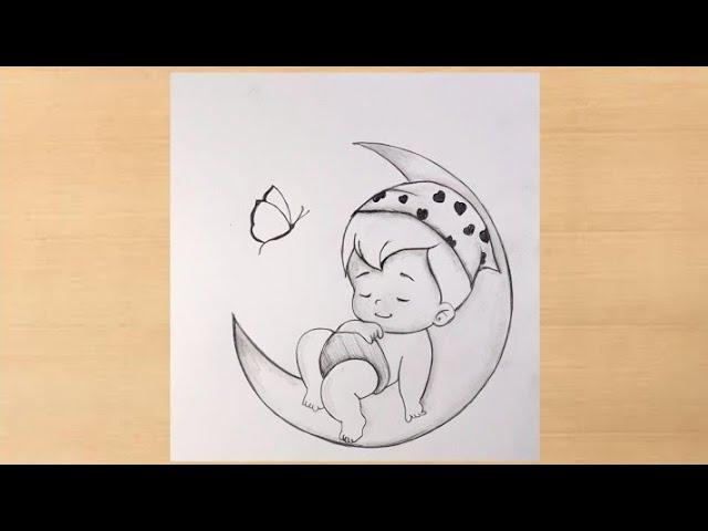 Cute Baby with butterfly sleeping scenery/baby drawings